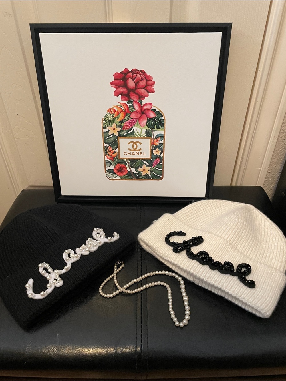 Black and White Knit Beanie .Script Logo Appliqués. Closet clearout no returns.